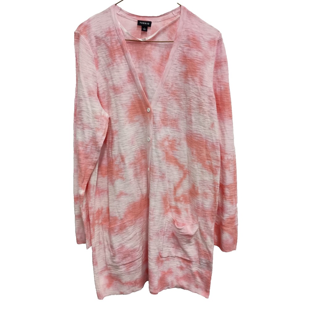 Torrid Cardigan Womens Size 1X Pink Tie Die BOHO Button Front Longline Casual